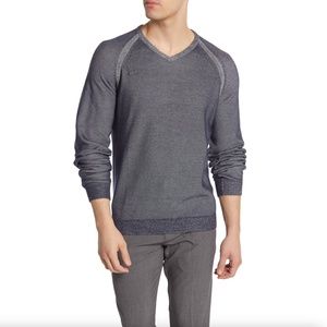 Tailor Vintage Mens Textured Pullover V-Neck Sweater in Navy Sz Med Reve…